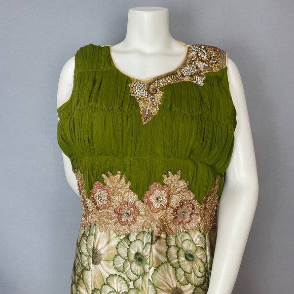 Indian Dress Rhinestones Floral Size XL Green Ruched Top Maxi Floral Embellished - Picture 3 of 14